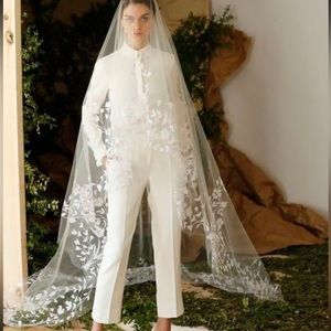 Cathedral length floral lace wedding veil with blusher